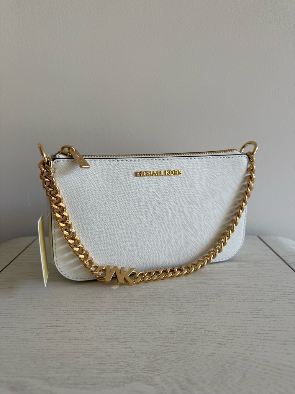 Michael Kors White Saffiano Leather Shoulder Bag with Gold Chain Accent